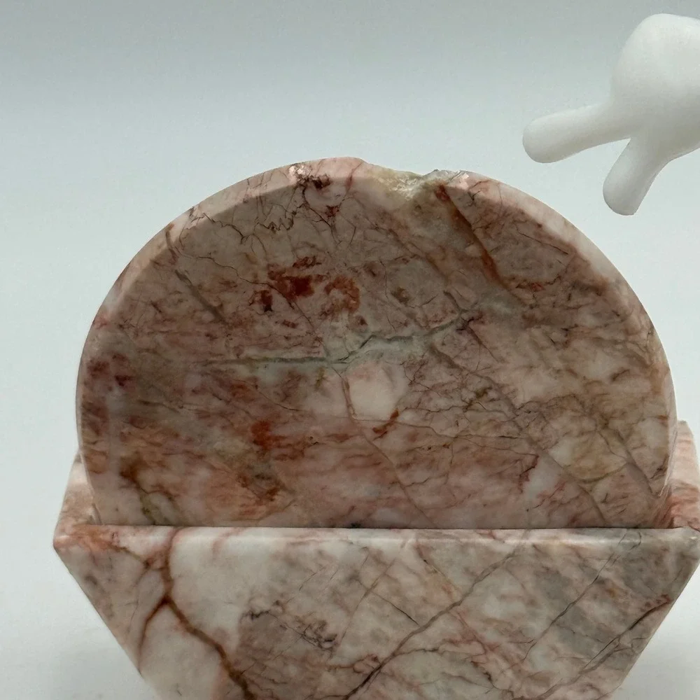 Vintage Pink Marble Coaster Set of 6 with Matching Holder Natural Stone Round